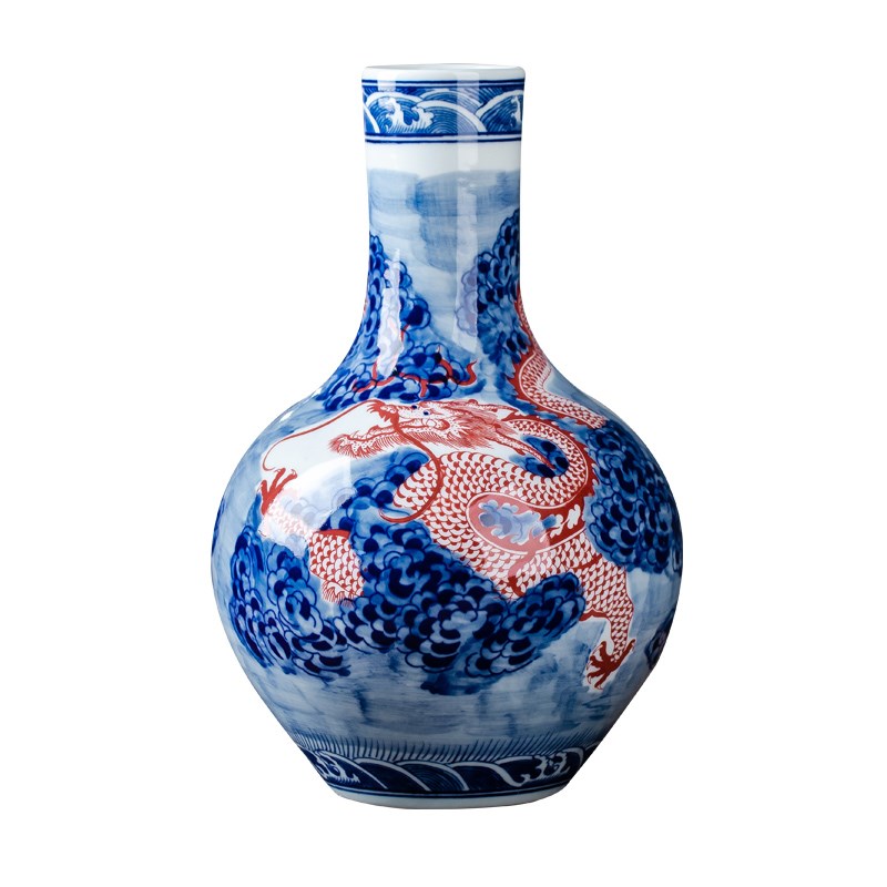 景德镇陶瓷器花瓶仿古手绘青花瓷龙纹手工中式家居客厅装饰品摆件