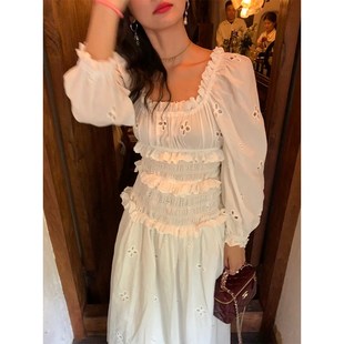 落落狷介 2024早秋新款女装白色长袖连衣裙女镂空小个子收腰裙子