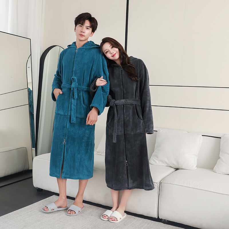 秋冬新款珊瑚绒浴袍女加厚加绒吸水不掉毛浴巾式睡袍男士大码睡衣