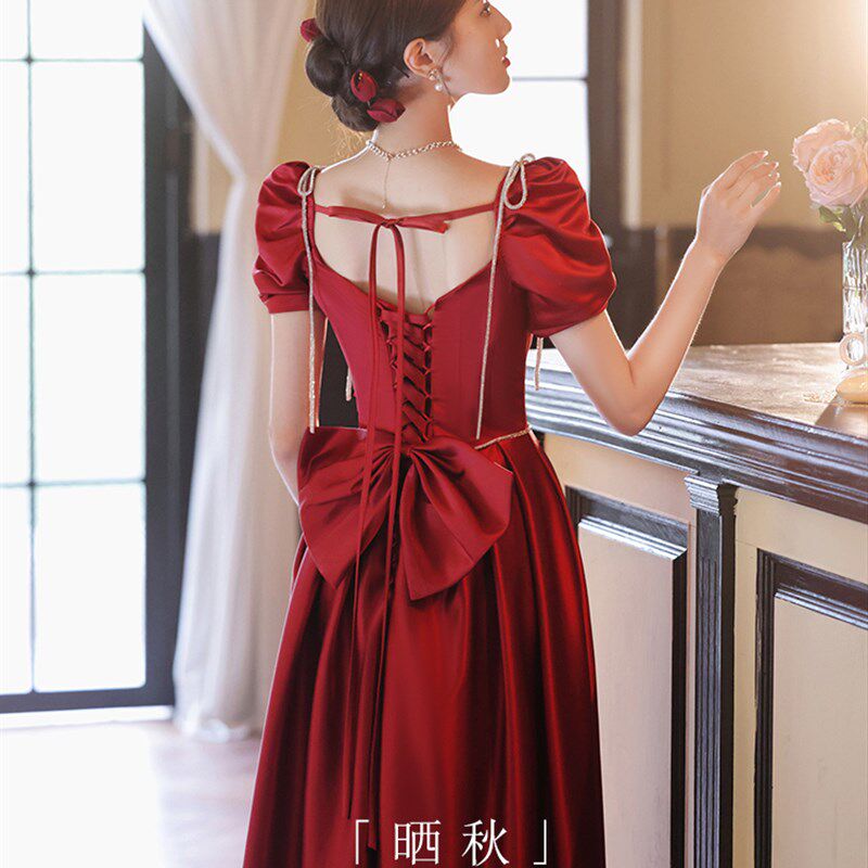 敬酒服新娘红色缎面在逃公主小个子订婚礼服裙合唱艺考成人礼女夏