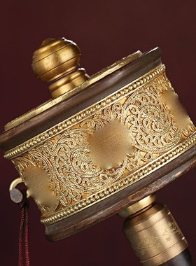 慧宝手摇转轮桌面静音顺滑黄铜转金桶六字观音檀木手柄装饰摆件