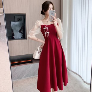 新娘敬酒服红色纱袖日常可穿礼服法式结婚回门便装小个子连衣裙