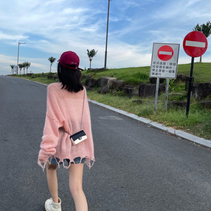韩国女装v领针织衫2024秋新款薄款宽松中长外穿马海毛毛衣