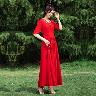 连衣裙雪纺显瘦海边度假沙滩裙长裙到脚踝大摆超长款 2024夏季 新款