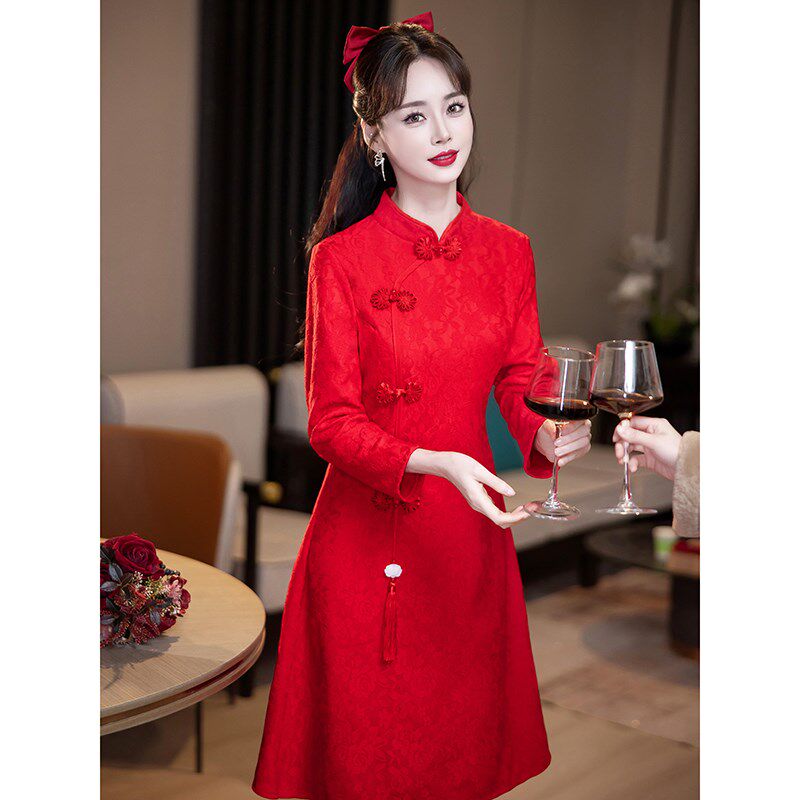 小个子2024舂款旗袍红色连衣裙敬酒服女新娘结婚订婚回门礼服裙子