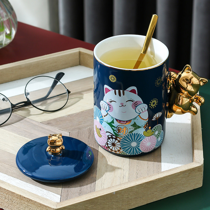 创意中国风杯子陶瓷招财猫大容量国潮马克杯咖啡杯情侣水杯带盖勺