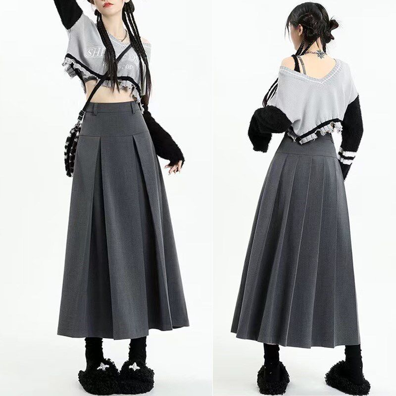 胖mm灰色高腰百褶半身裙长裙女大码设计感学院风西装中长款A字裙