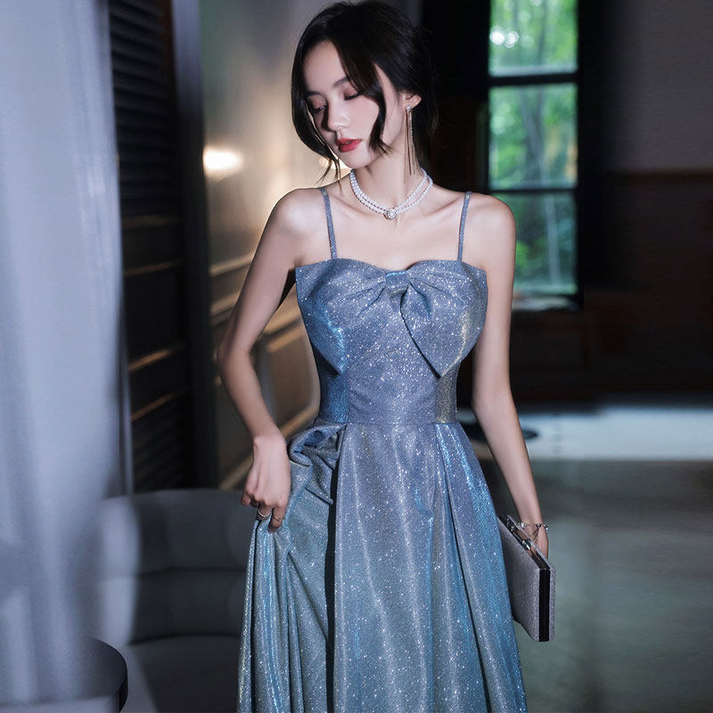 星空晚礼服2022新款夏季蓝色长款亮片一字肩主持人合唱指挥礼服女