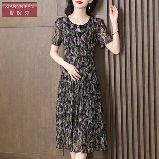 香妮芬遮肚子显瘦妈妈连衣裙夏装2025新款设计感修身网纱短袖裙子