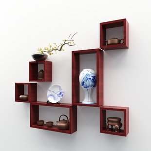 新中式墙上置物架免打孔卧室创意格子装饰壁挂客厅电视背景墙壁柜