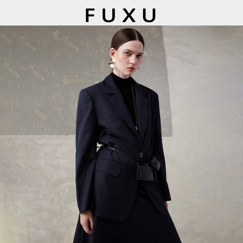 芙蕖FUXU 精纺羊毛老钱风宽松显瘦条纹平驳领西装A字半身裙套装女