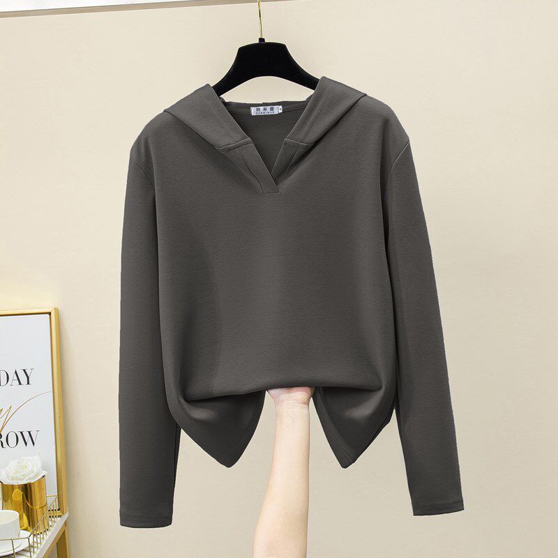 2024新款粉色春秋连帽长袖t恤女薄款宽松大码带帽卫衣夏防晒帽衫