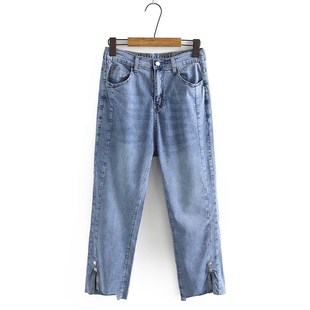 梨形身材裤子大码夏季牛仔裤女士新款高腰裤脚开叉显瘦直筒九分裤