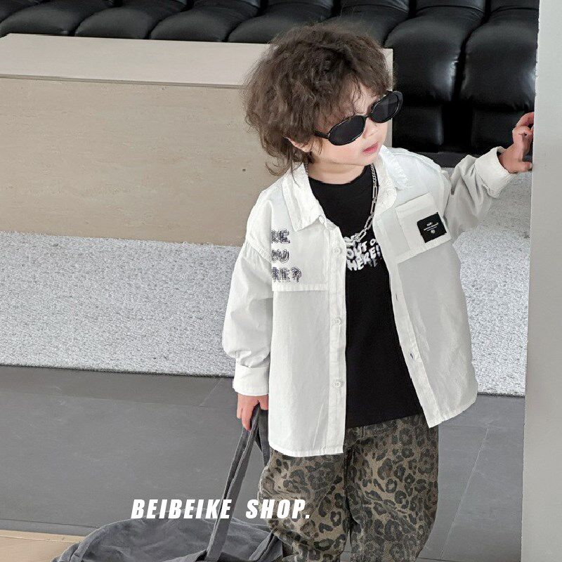 男童白色长袖衬衫春秋款儿童洋气衬衣宝宝薄款外套休闲翻领上衣潮