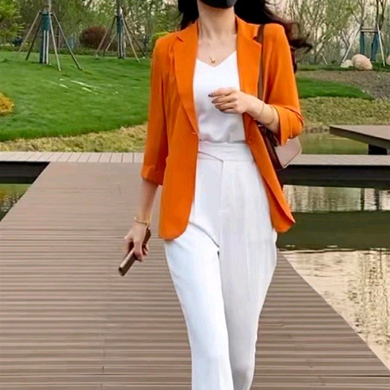 夏季薄款小西装外套女2023新款七分袖雪纺衫修身显瘦一粒扣上衣女