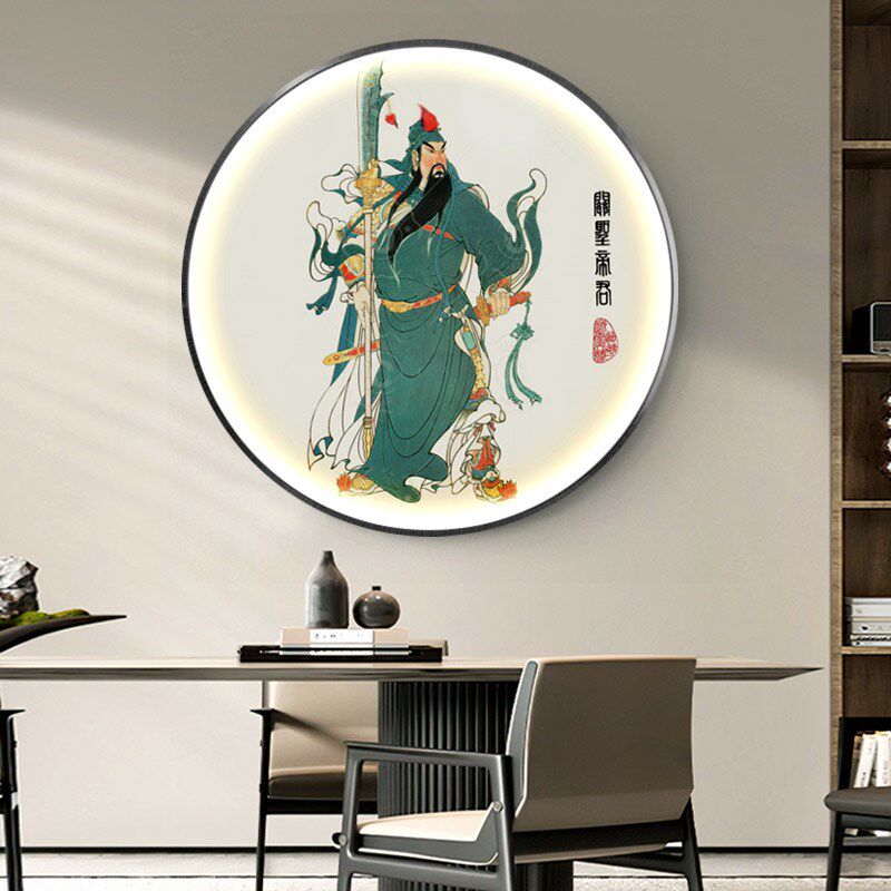 关公发光挂画玄关装饰画武财神关二爷画像关羽LED灯光画圆形壁画