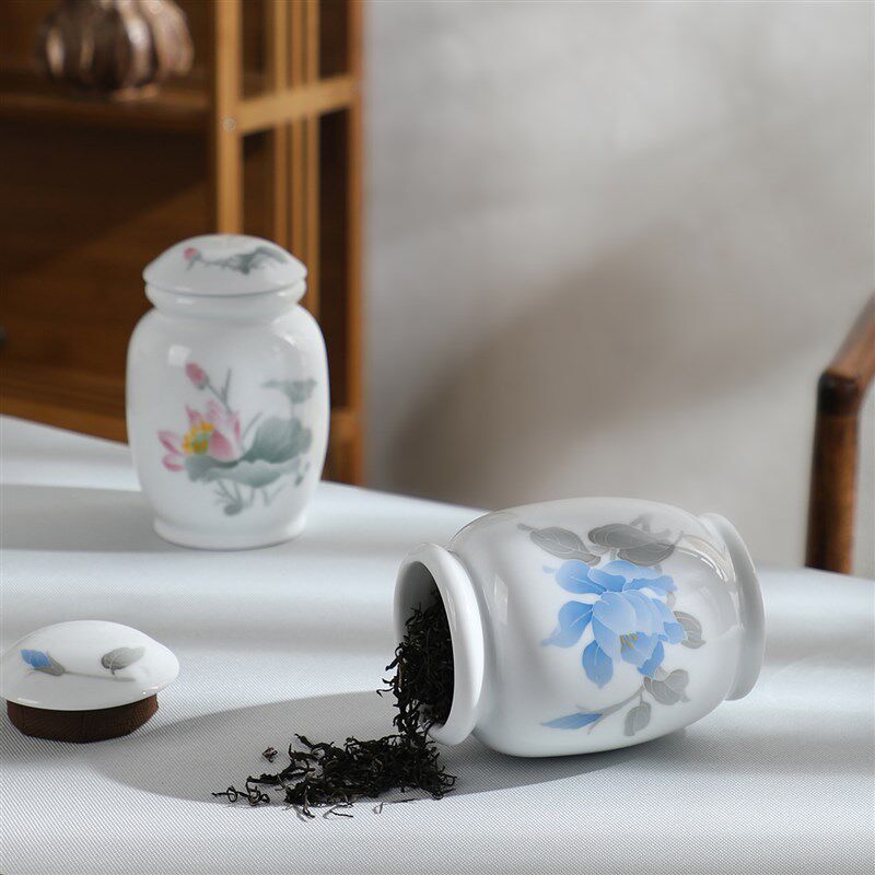 陶瓷手绘小茶叶罐白玉瓷防潮家用釉下彩礼盒包装茶存盒储存密封罐