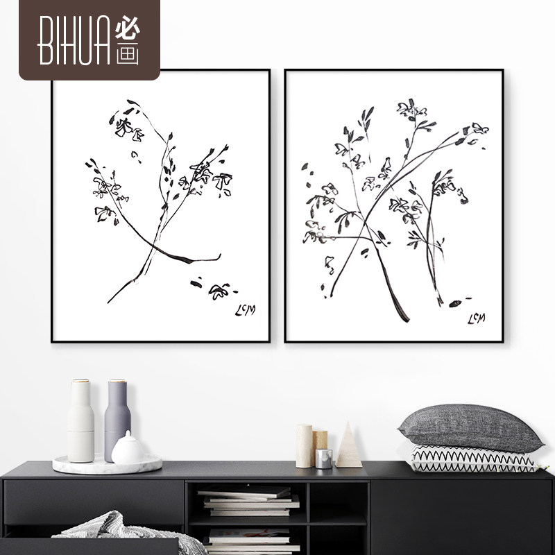 必画极简工笔黑白树枝素描简笔装饰画铝合金外框挂画客厅书房壁画