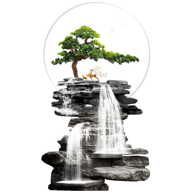 流水生财入户玄关装饰画迎客松招财寓意灯壁画新中式走廊过道挂画
