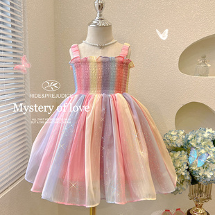 女童吊带裙夏季2023新款儿童带翅膀连衣裙子洋气小女孩彩虹公主裙