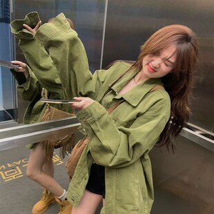 上衣 夹克开衫 绿色磨毛料牛仔外套女春秋大码 胖mm复古宽松休闲工装