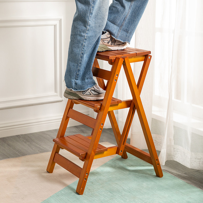 网红款实木收纳椅子梯登高家用多功能折叠梯凳楠竹子白色四步梯子,居家日用,家用梯,淘宝优惠券,粉丝福利购,淘宝优惠卷