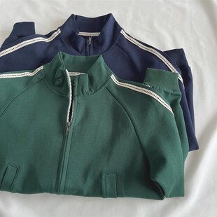 深蓝色/墨绿色立领拉链短外套 秋新款宽松百搭开衫卫衣女