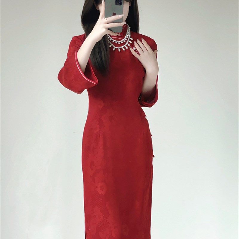 如嫣复古旗袍红色敬酒服订婚倒大袖结婚新中式新娘2024新款秋冬女