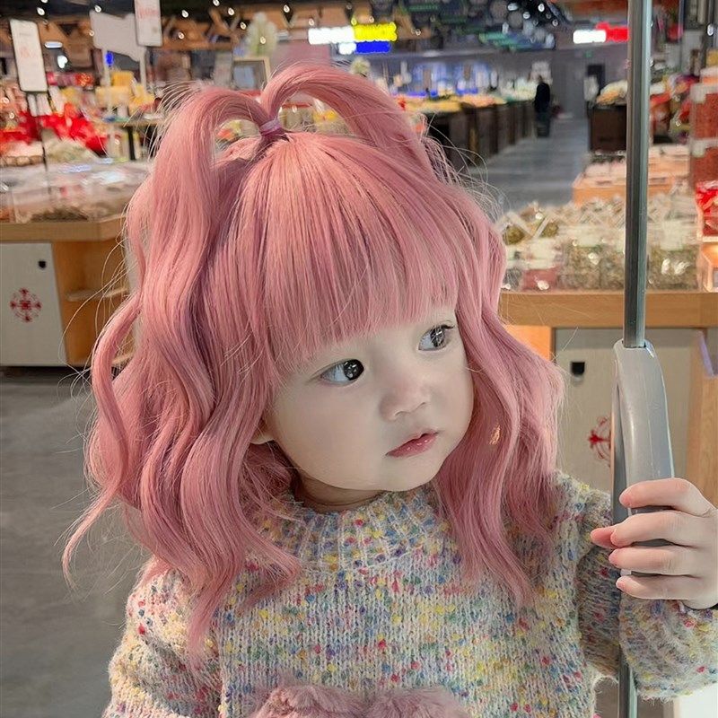 儿童假发女孩粉色中长卷发宝宝泡面头发型婴儿可爱发饰拍照全头套