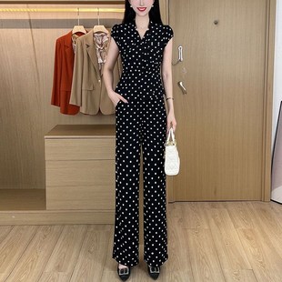 2024夏季新款小个子气质显瘦短袖波点上衣阔腿裤子休闲两件套装女