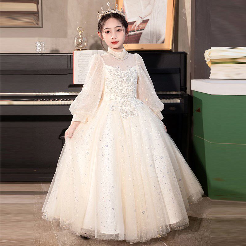 香槟色女童礼服长袖小女孩生日花童婚纱儿童主持人钢琴演出服秋冬