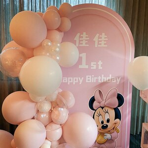 粉色米妮女孩儿童一周岁百日老鼠宝宝宴KT背景板气球布置场景装饰