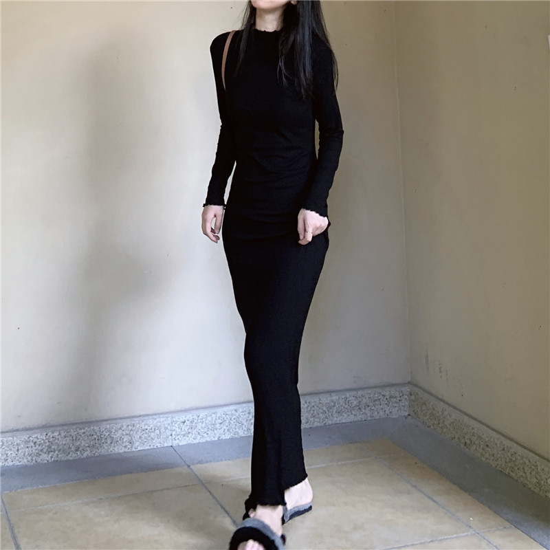 内搭小高领打底裙到脚踝 过膝超长款连衣裙 长袖包臀紧身薄针织裙