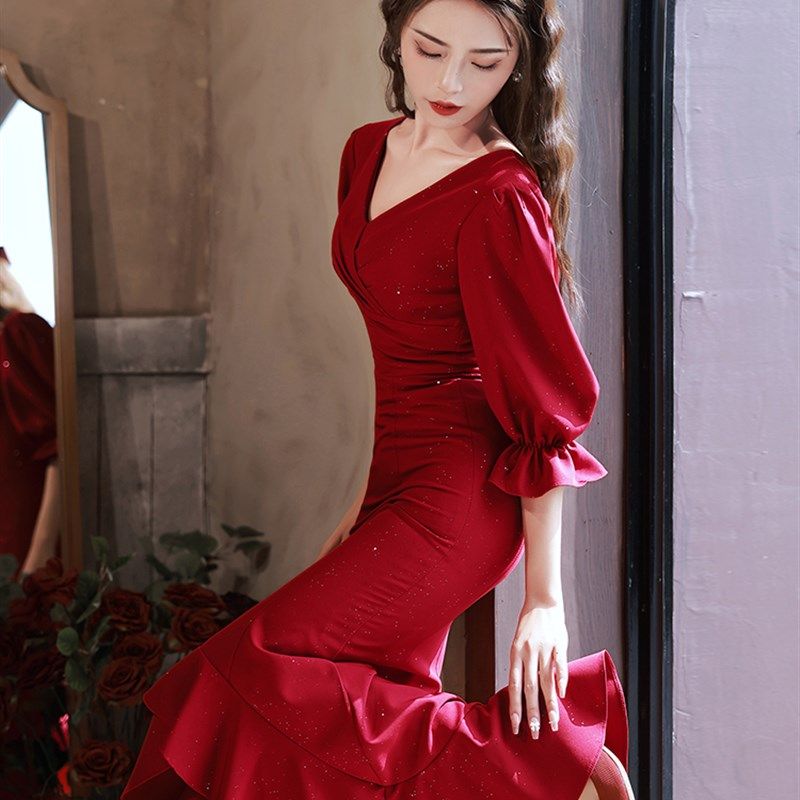 小个子敬酒服新娘夏季订婚红色结婚回门礼服裙平时可穿鱼尾连衣裙