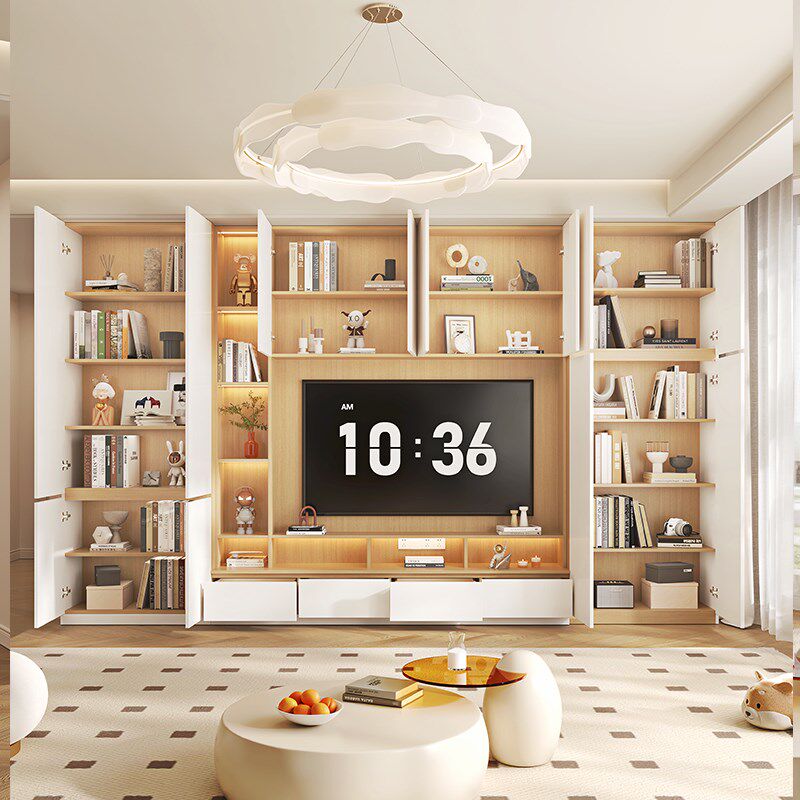 原木奶油风电视柜收纳储物柜一体客厅家用满墙落地加高款背景柜子