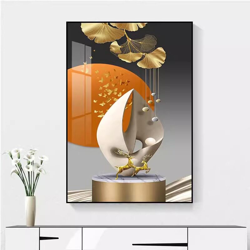 入户玄关装饰画竖版入门入室走廊过道壁画招财麋鹿玄幻挂画晶瓷画