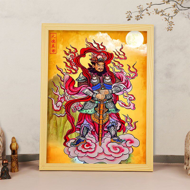 火德星君复古装饰画 客厅火神爷挂画 胡桃木色国画框图片