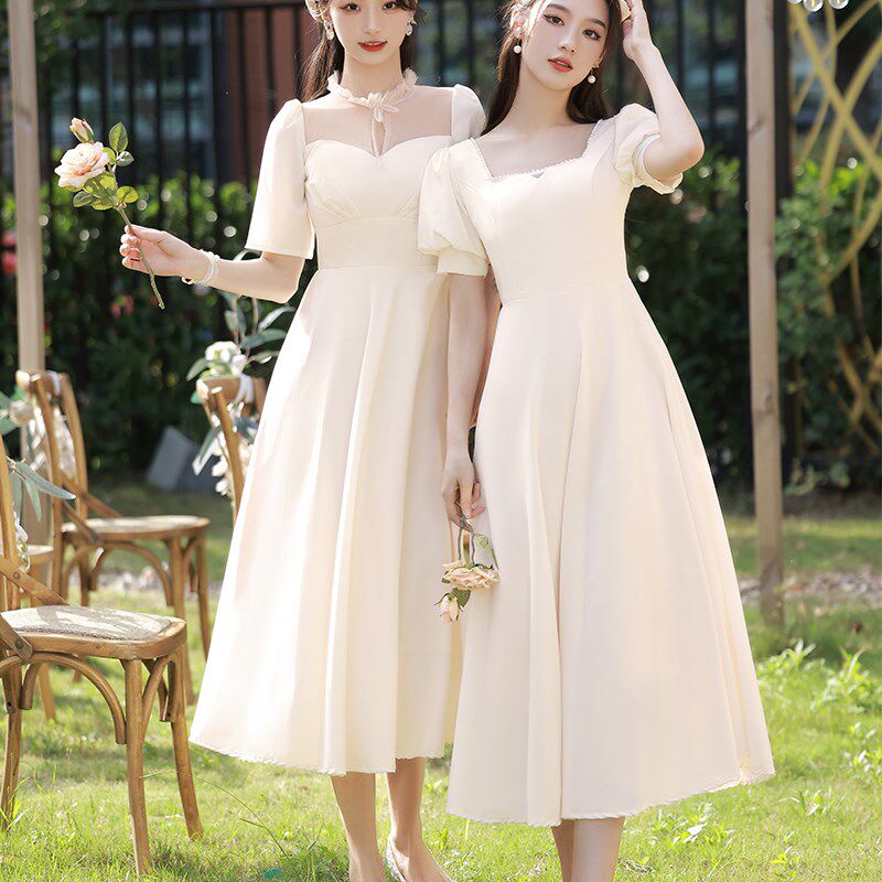 香槟色伴娘礼服2022新款仙气质长袖吊带显瘦气质日常可穿裙惊艳