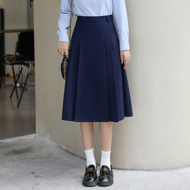 藏蓝色西装半身裙女2024新款a字百褶垂感显瘦高腰职业工作中长款