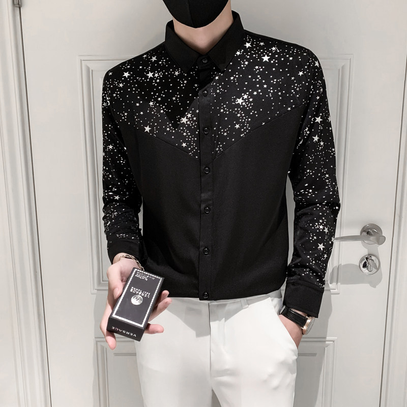 网红个性亮片闪闪长袖衬衫男舞台演出服装主持人发型师中袖黑衬衣
