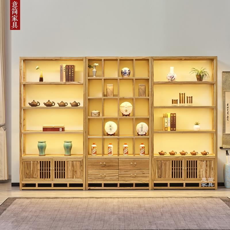新中式实木博古架茶具架榆木家具置物多宝阁柜茶室茶叶架子展示架