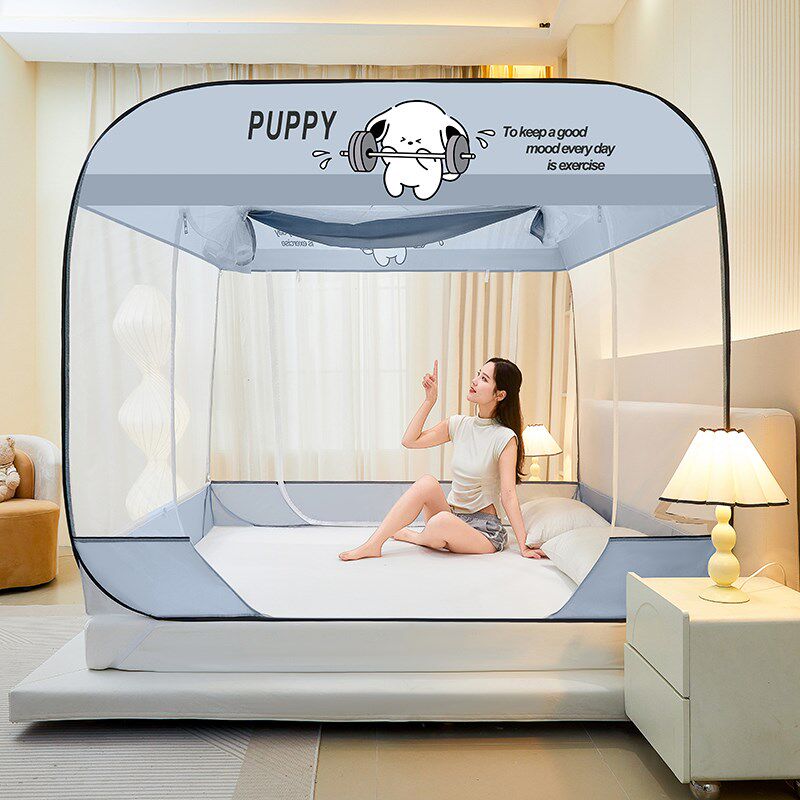 免安装蚊帐家用卧室儿童防摔蒙古包可折叠钢丝纹帐回底加厚加密夏