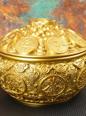 黄铜钱币聚宝盆大号金蟾铜盆家居玄关铜器送礼招财聚财乔迁摆件