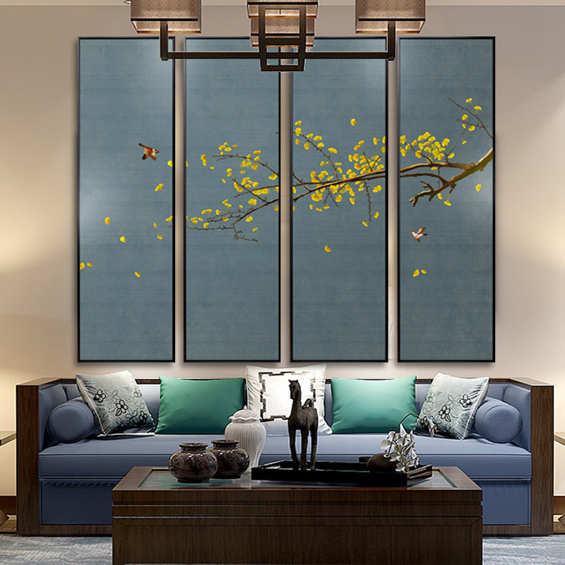 新中式酒店装饰画四联餐厅壁画古典客厅沙发背景墙禅意挂画四条屏