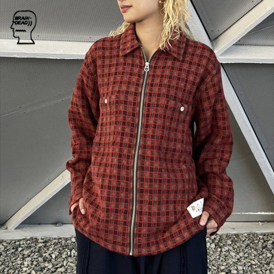 脑逝格子羊绒拉链长袖衬衫
