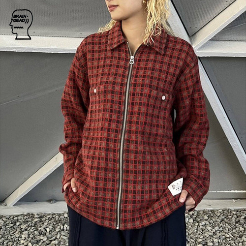 脑逝格子羊绒拉链长袖衬衫