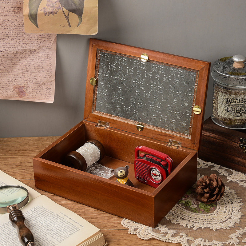 海棠花玻璃收纳盒复古木质桌面杂物整理翻盖木盒摆设化妆台装饰盒,家居饰品,饰品盒,淘宝优惠券,粉丝福利购,淘宝优惠卷