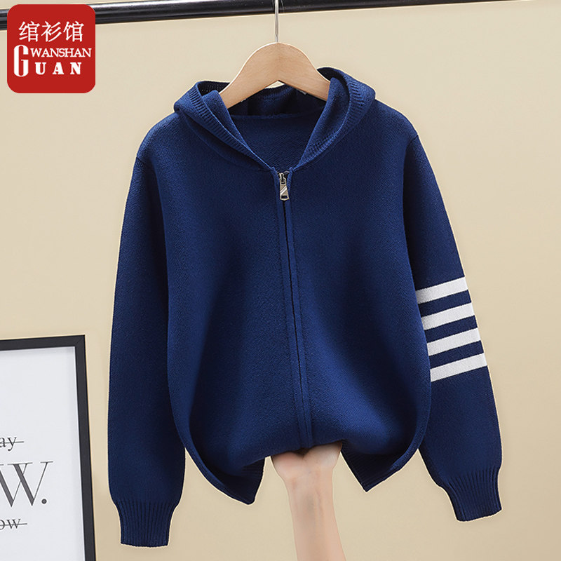 秋冬针织开衫男童2021秋冬童装拉链加绒针织衫连帽毛衣外套中大童