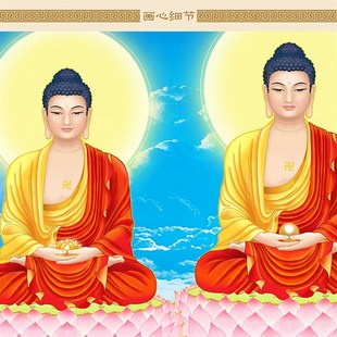 三方佛画像 药师如来佛祖阿弥陀佛 释加牟尼水陆画卷轴挂画定制