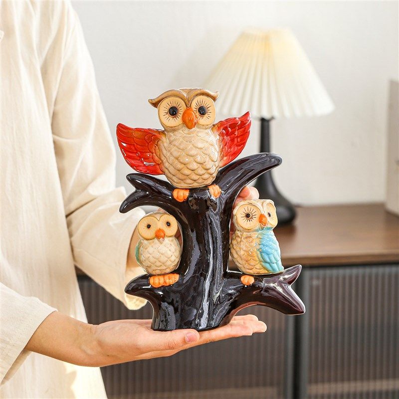 一家三口陶瓷树枝猫头鹰摆件桌面玄关造景电视柜橱窗玄关进门装饰,家居饰品,桌面摆件,淘宝优惠券,粉丝福利购,淘宝优惠卷